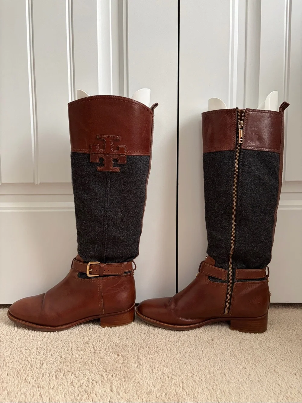 Tory Burch Blaire Low Heel Tall Riding Boots Brown Leather Gray Women's Size 8 M